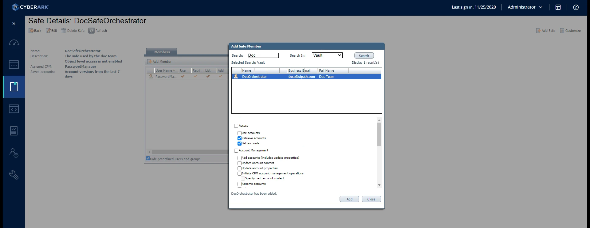 Screenshot des Fensters „Sicheres Mitglied hinzufügen“