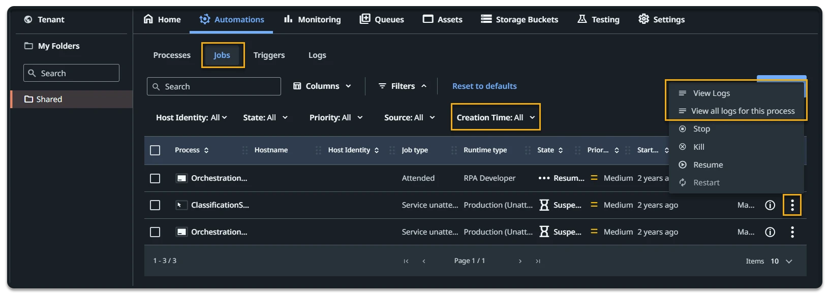 Accessing logs from the Jobs page
