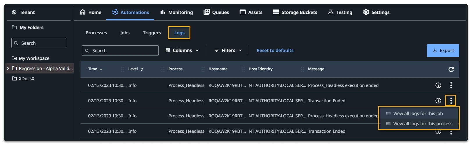 Accessing logs from the Logs page