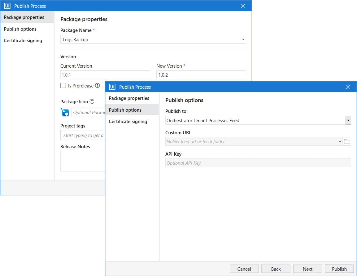 Screenshot of the Publish options interface
