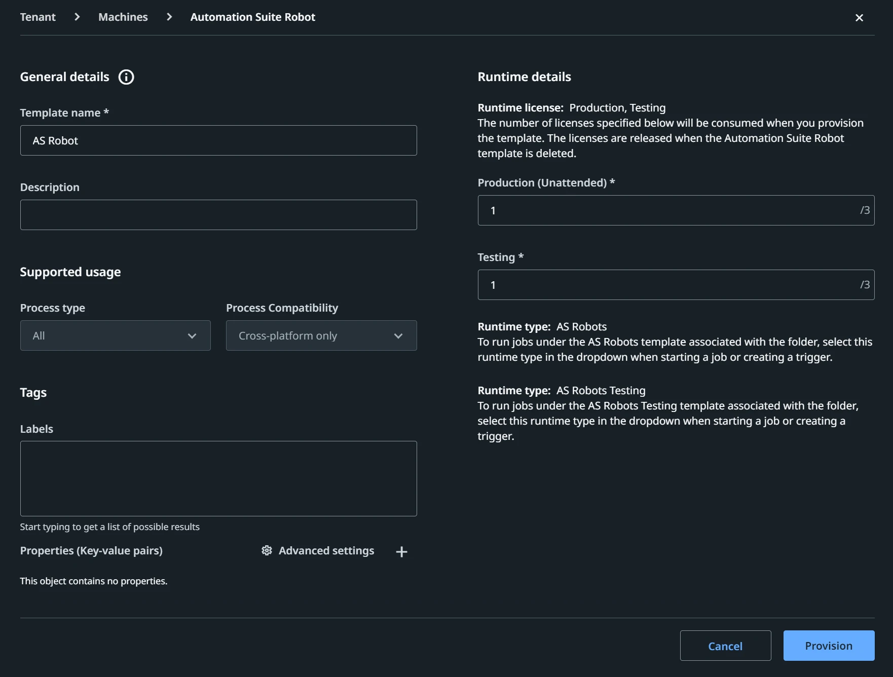 Screenshot of the Machine template page