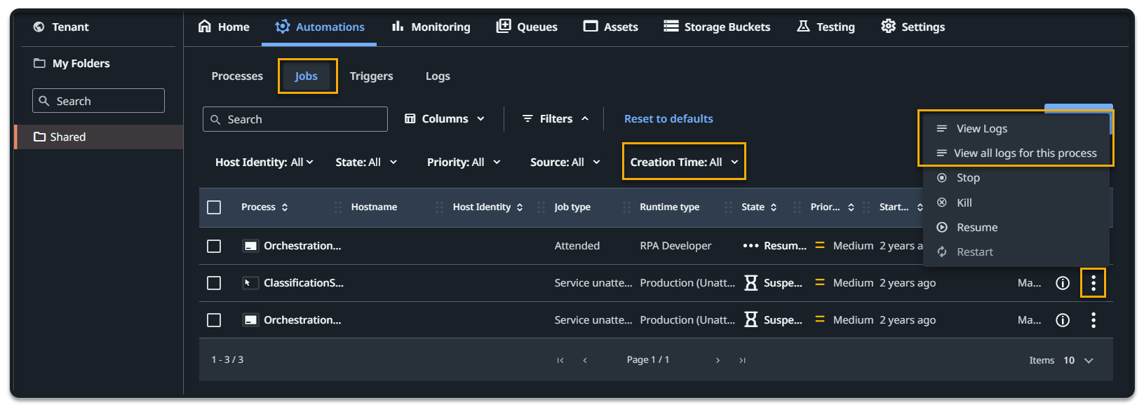 Accessing logs from the Jobs page
