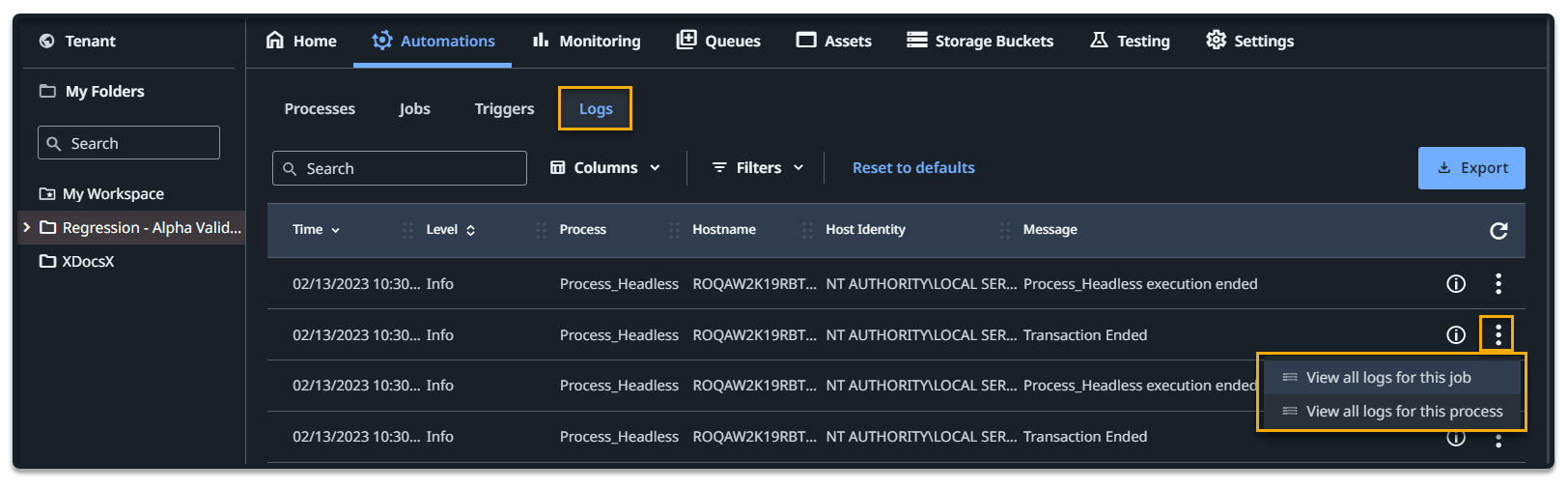 Accessing logs from the Logs page