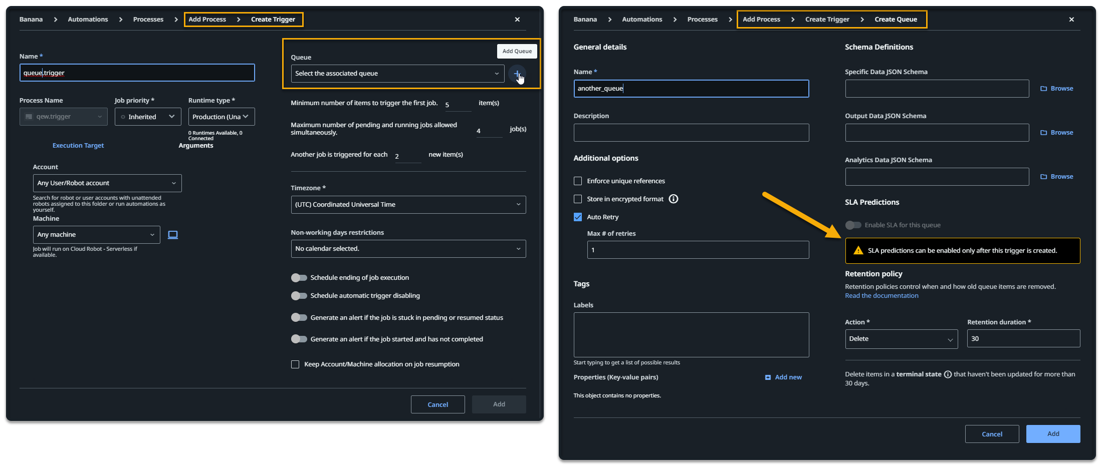 Adding queues from the queue trigger creation page