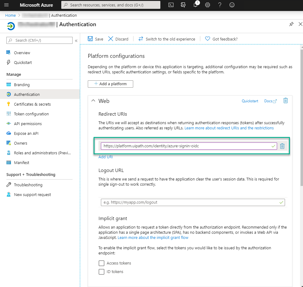 'Authentication page in the Microsoft Azure portal' image