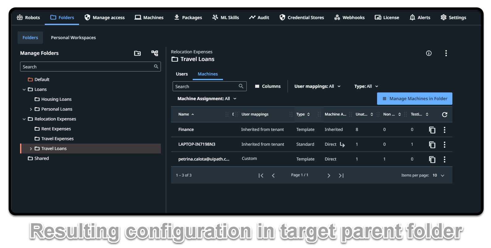 Configuración resultante en la carpeta principal de destino