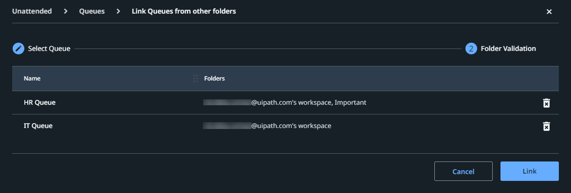 Screenshot from the Link Queueus from other folders page