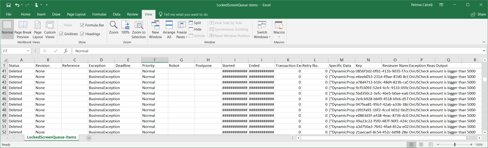 Screenshot of a CSV file