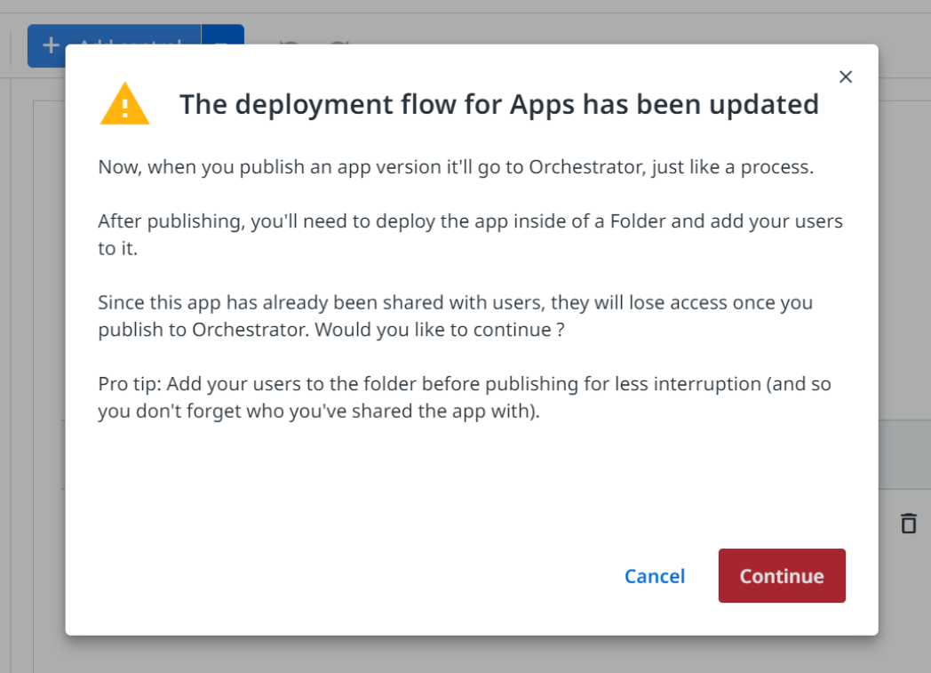 Screenshot of a warning message: "The deployment flow for Apps has been updated"