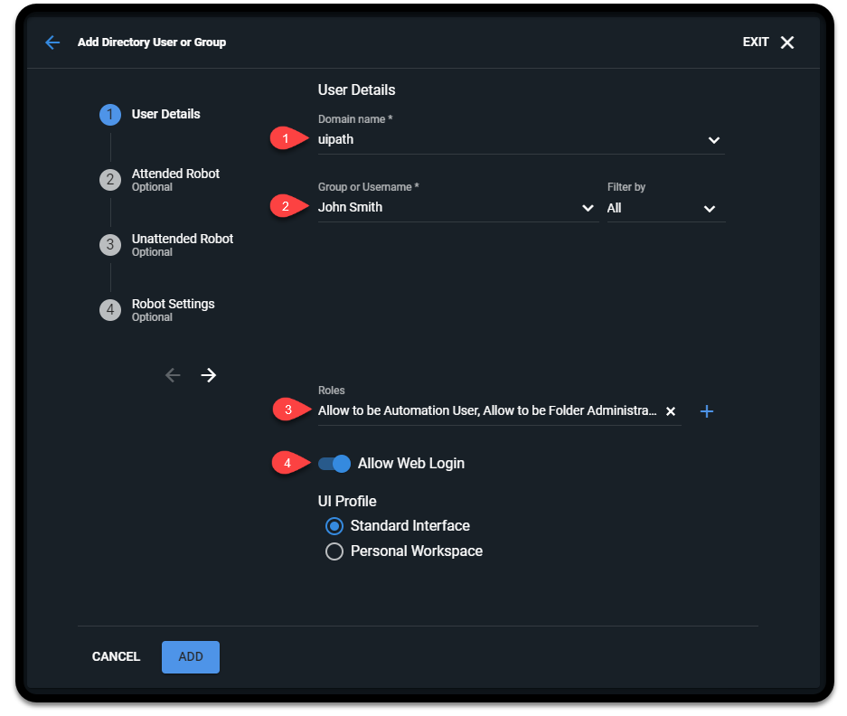 Screenshot of adding a user and configuring user details
