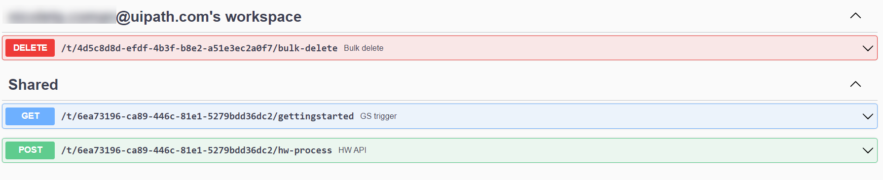 Screenshot einer API-Definition für einen Mandanten mit API-Triggern in einem persönlichen Arbeitsbereich und dem freigegebenen Ordner