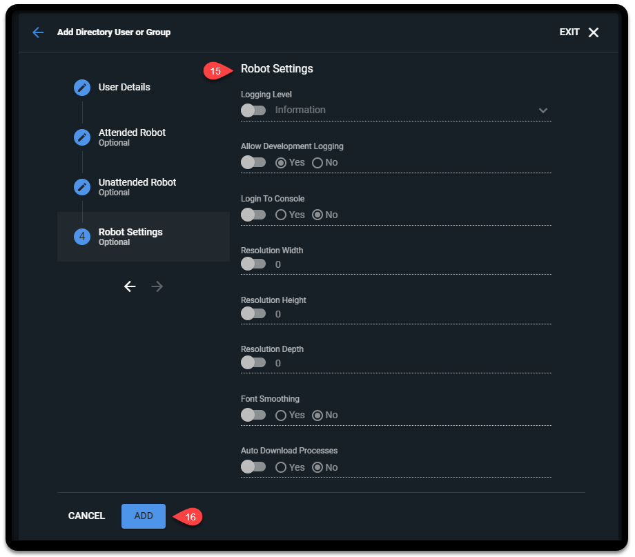 Screenshot of configuring robot settings