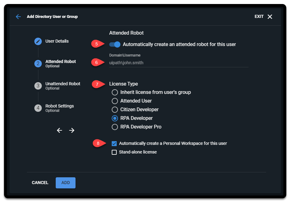 Screenshot of creating and configuring the attended robot