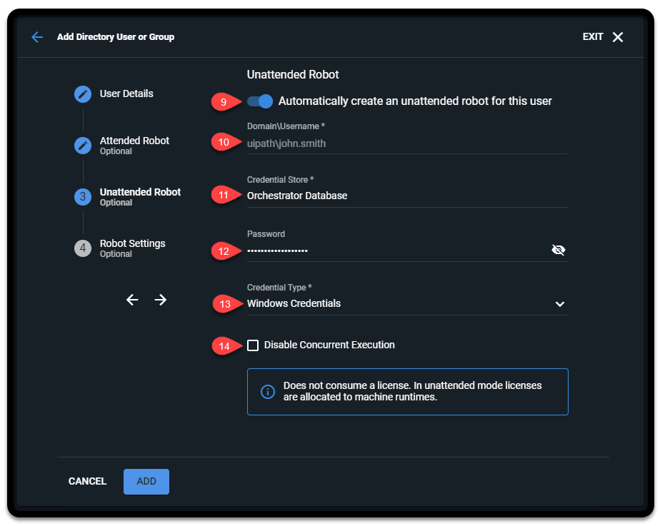 Screenshot of creating and configuring the unattended robot