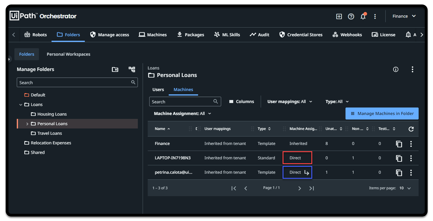 Captura de pantalla de la asignación directa de máquina