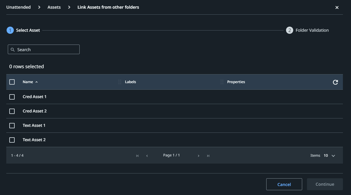 Screenshot der Seite „Assets aus anderen Ordnern verknüpfen“