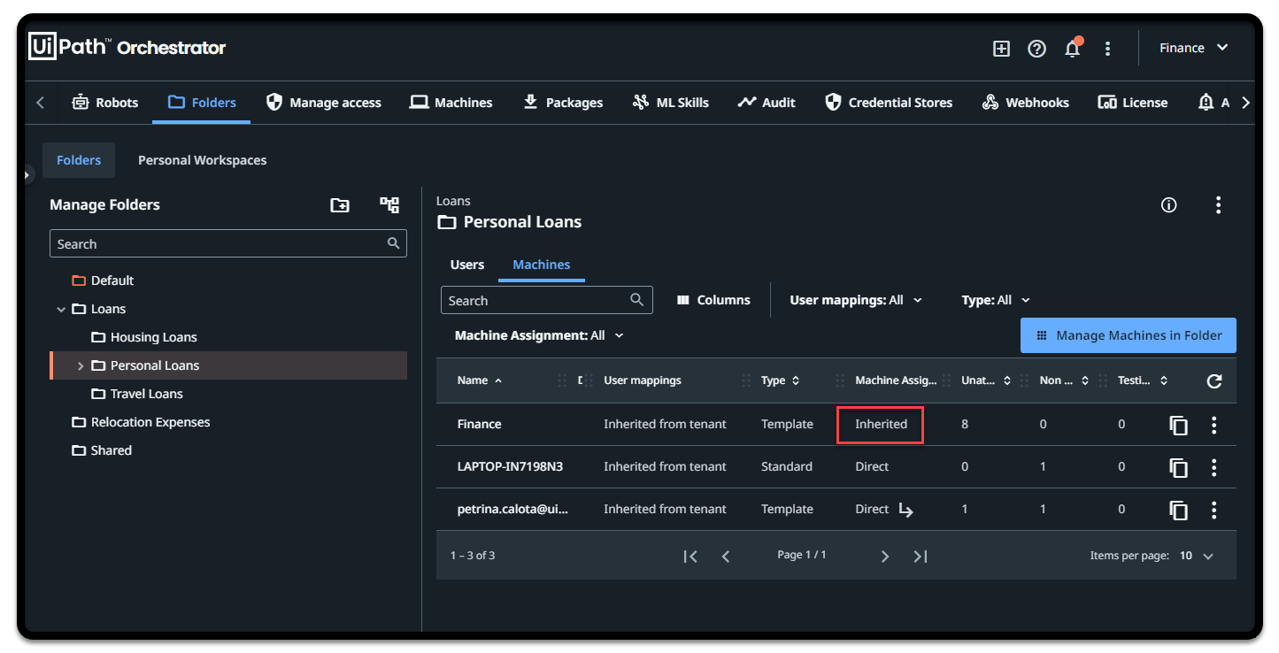 Captura de pantalla de la asignación de máquina propagada
