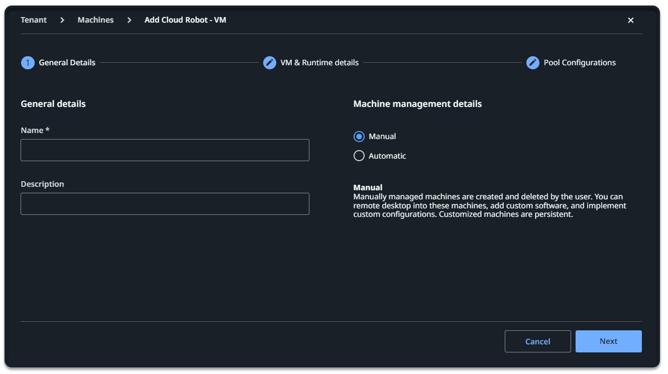 Screenshot of the Add Cloud Robots - VM page
