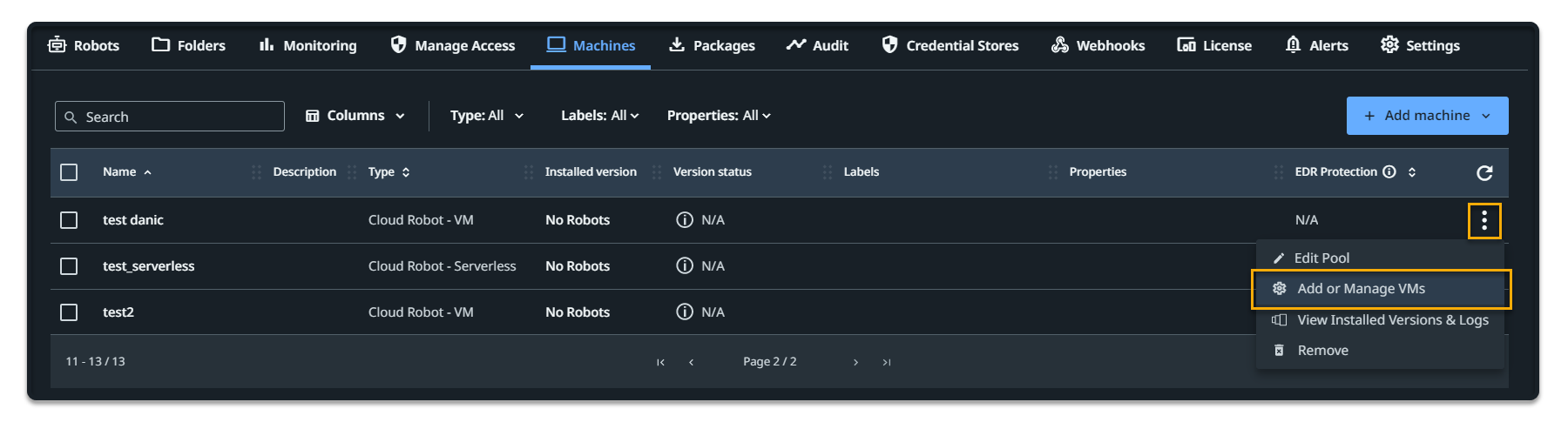 Screenshot of the Add or Manage VMs button