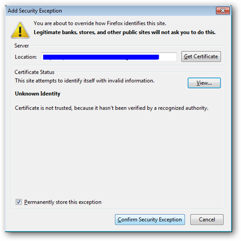 “添加安全异常”页面的屏幕截图
