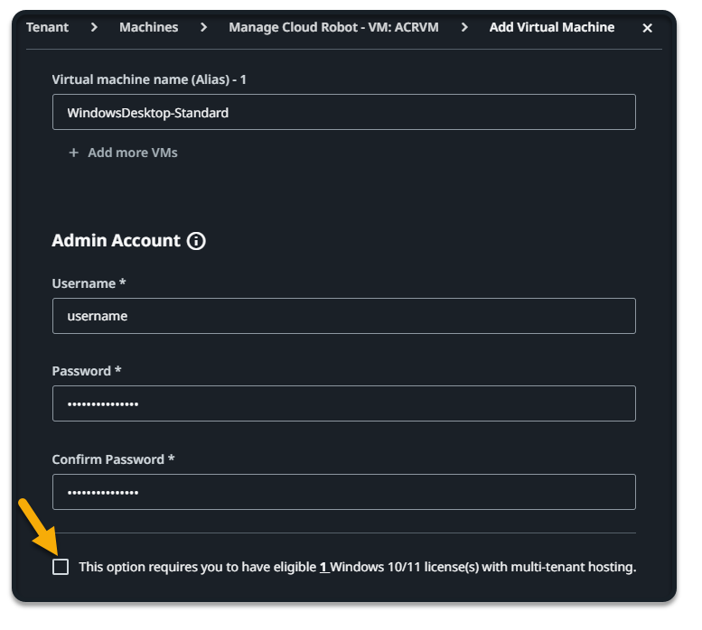 Screenshot of the Add Virtual Machine page