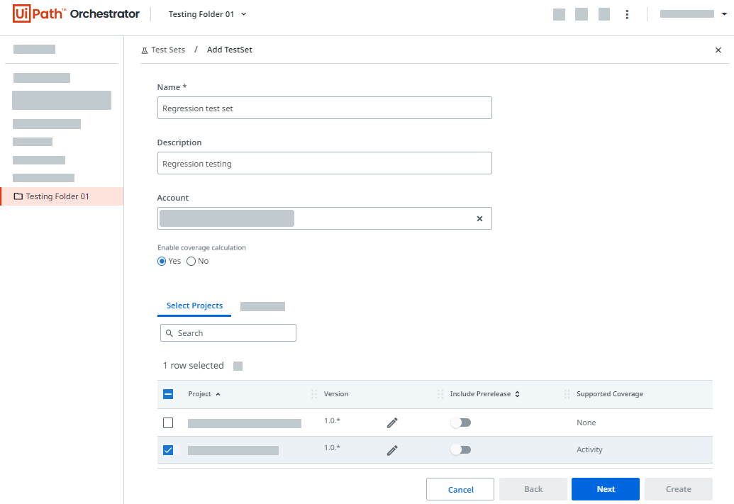 [テスト セットを追加] ページのスクリーンショット