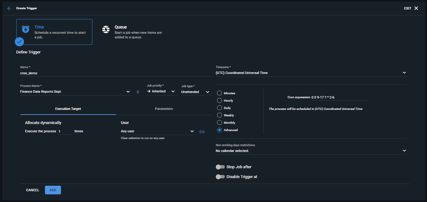 Screenshot of the advanced scheduling option page