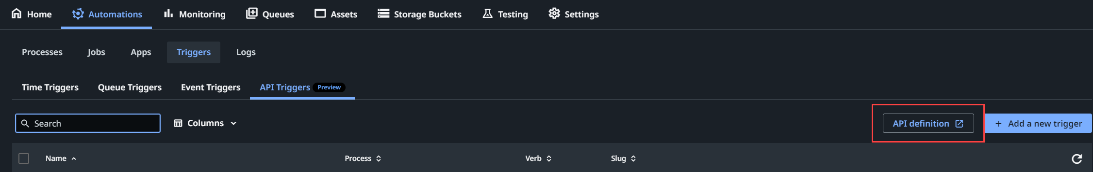 Screenshot der Seite „API-Trigger“