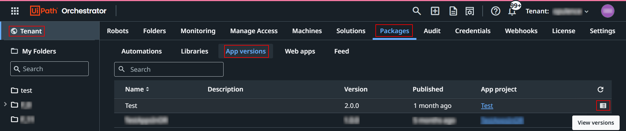 Captura de pantalla de la pestaña Versiones de aplicación