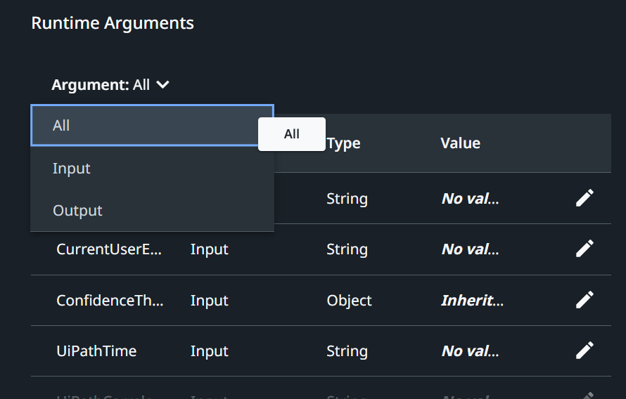 Screenshot of the Argument drop-down