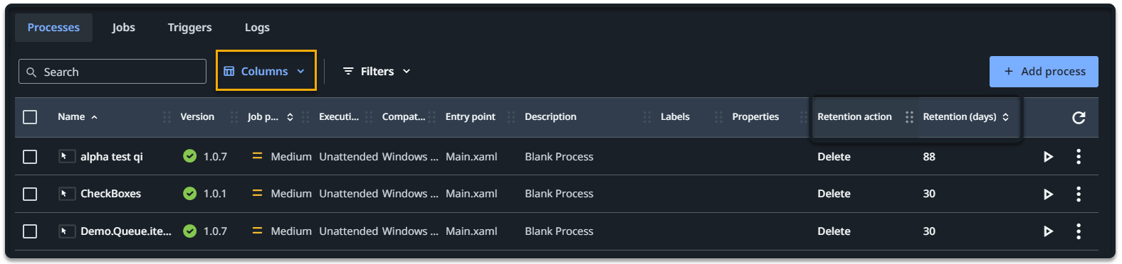 列フィルターのスクリーンショット
