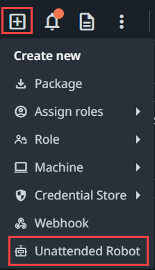Captura de pantalla de la opción Crear nuevo unattended robot