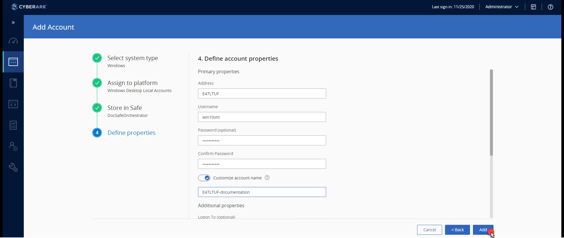 Screenshot of the Define account properties interface in CyberArk