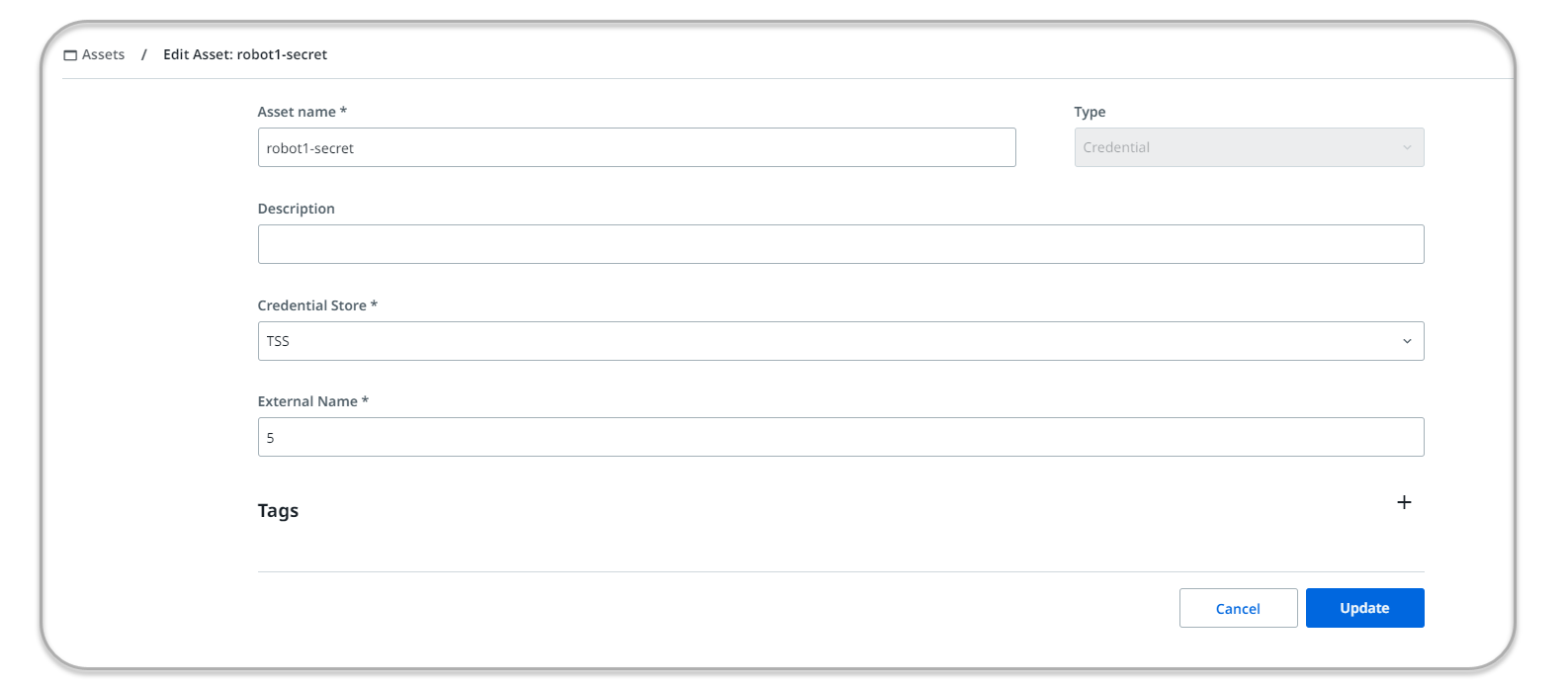 Screenshot der Seite „Asset bearbeiten“