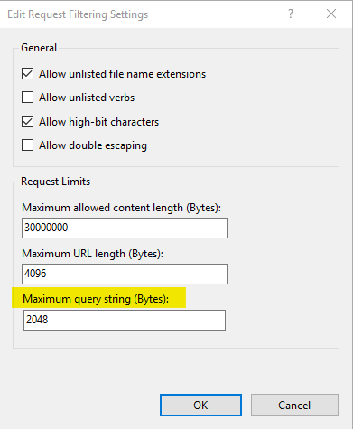 Screenshot of the Edit Request Filtering Settings page