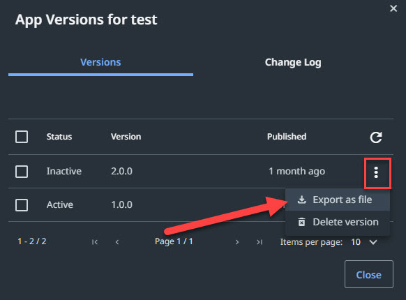 Captura de pantalla del botón Exportar como archivo