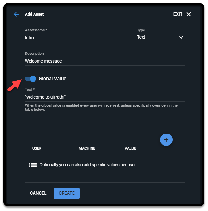 Capture d'écran de la bascule Valeur globale