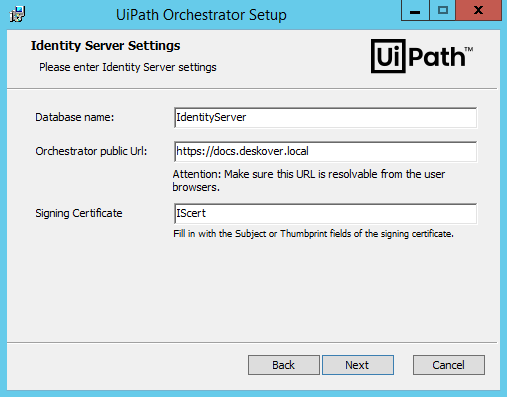 Screenshot of the Identity Server Settings page