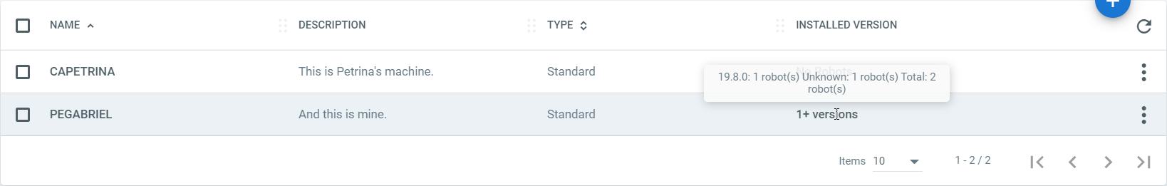 Screenshot of the installed version tooltip