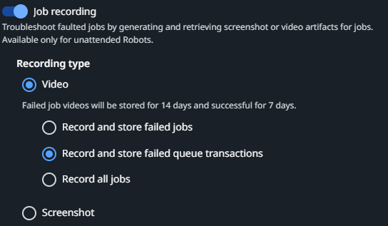 Captura de pantalla de la configuración de grabación de trabajo