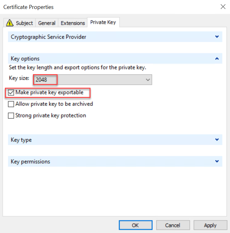 “密钥大小”字段的屏幕截图