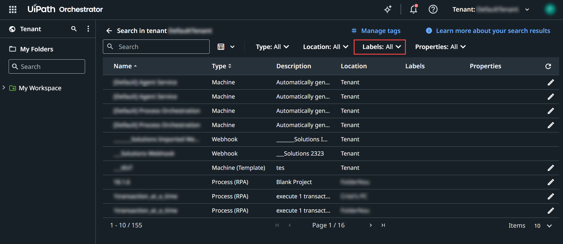 Screenshot of the Labels filter