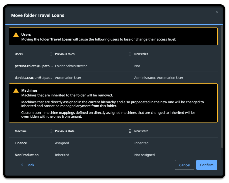 Captura de pantalla de la interfaz Mover carpeta Préstamos de viaje