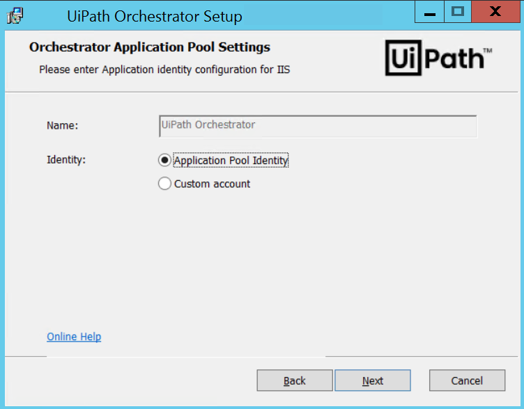 Screenshot of the Orchestrator Application Pool Settings page