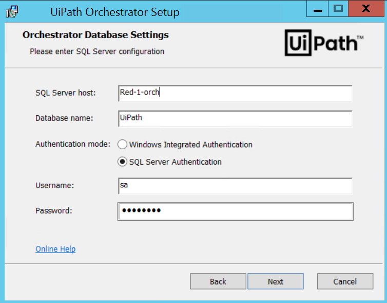Screenshot of the Orchestrator Database Settings page