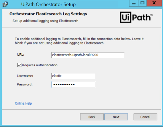 Screenshot of the Orchestrator Elasticsearch Log Settings page