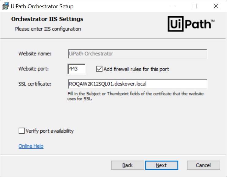 Screenshot of the Orchestrator IIS Settings page