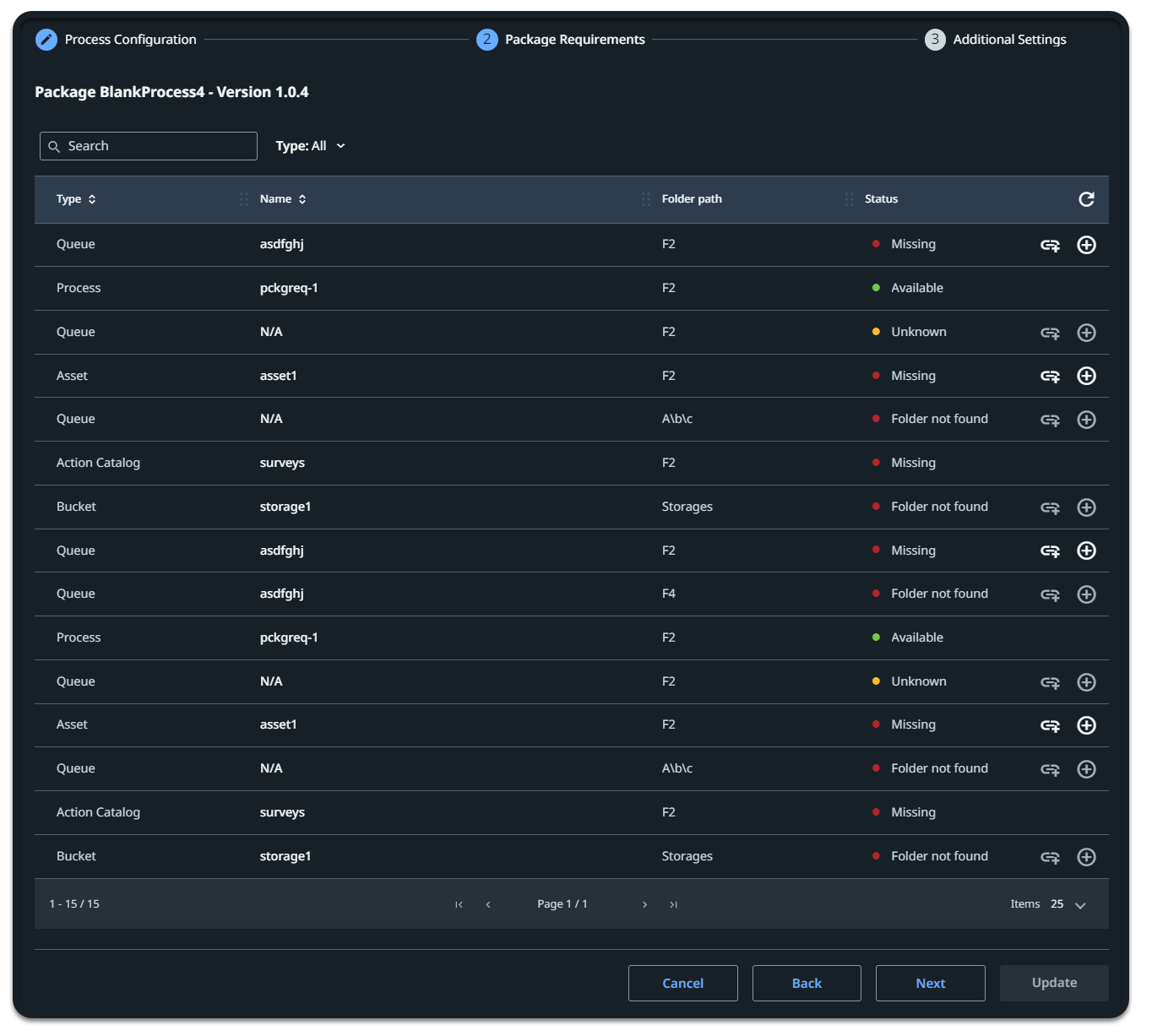 Screenshot of the Package Requirements page