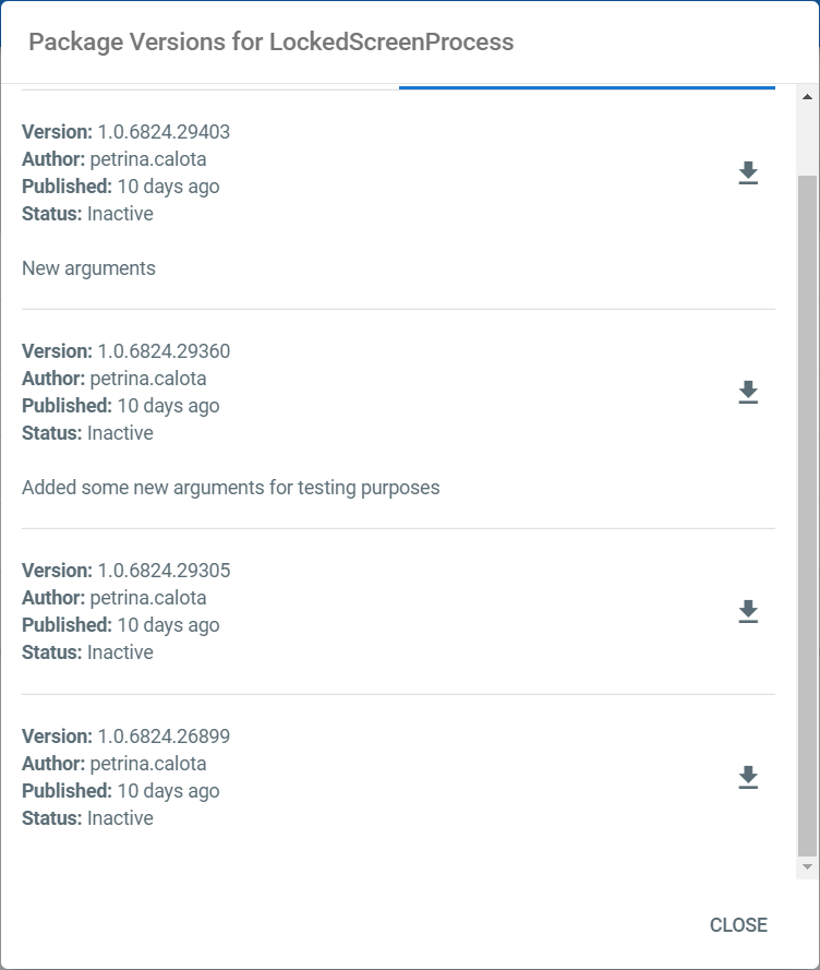 [パッケージのバージョン] ページのスクリーンショット