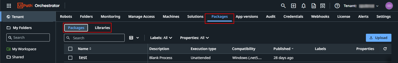 Screenshot of the Packages page